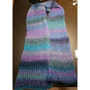 Hand Knit Crochet Multi Color Blue Green Purple Yellow Acrylic Scarf Large